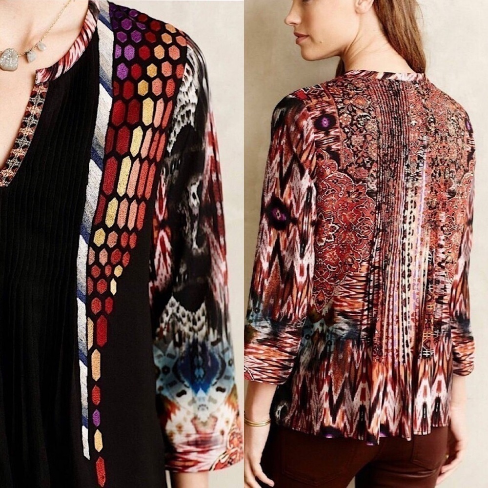 ANTHROPOLOGIE-RANNA Gill Spectral Blouse Pleated Embroidered Blouse (Size:Small)